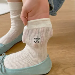 Women sheer mesh mid-calf socks with black bow, cute ballet style socks for daily wear.