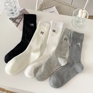 Women cute bow embroidered ribbed mid-calf socks casual soft cotton hosiery multi-color set