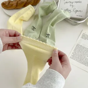Women cute bow embroidered ruffle crew socks detail yellow and green daily wear soft