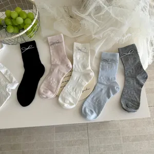 Women cute bow mid-calf socks set, hollow mesh breathable cotton daily casual stockings multi-color