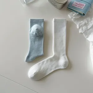 Women ribbed mid tube socks spring summer breathable ballet style casual wear white and blue