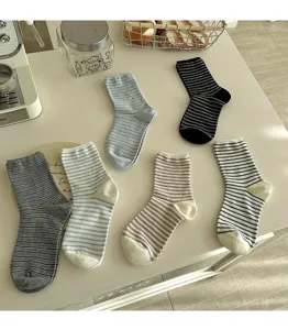 Women casual striped mid-calf socks breathable soft cotton daily wear vintage style hosiery