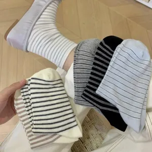 Detailed view of casual striped mid-calf socks for women, featuring multi-color everyday wear.