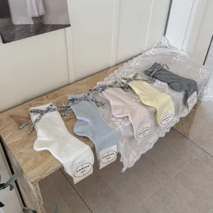 Women spring summer slouch socks mesh hollow out floral bow long stockings white blue yellow grey
