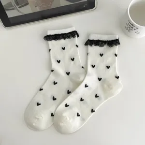 Chaussettes femme style ballet printemps ete coton dentelle mi-mollet avec motif coeur