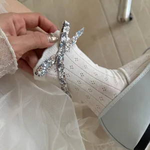 Sweet white floral bow mesh mid tube socks cute fashion women casual hosiery item