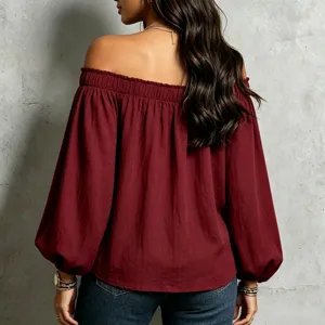 Back view detail of women off shoulder burgundy long sleeve blouse casual elegant clothing style