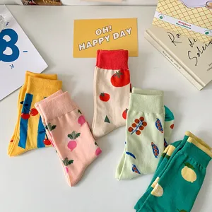 Cute fruit and vegetable pattern mid-calf cotton socks for women, spring summer daily wear.
