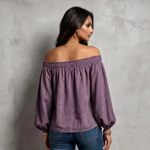 Women off shoulder long sleeve purple blouse casual loose top sexy elastic neck shirt