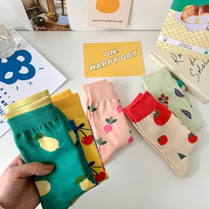 Cute women fruit and vegetable pattern mid tube socks spring summer breathable casual socks