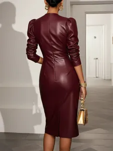 Vestido de cuero de manga larga ajustado vista detallada elegante y de alta calidad.