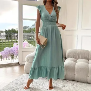 Sommer Damen V-Ausschnitt Kurzarm Rüschen Maxikleid Elegantes Lässiges langes Kleid Grün