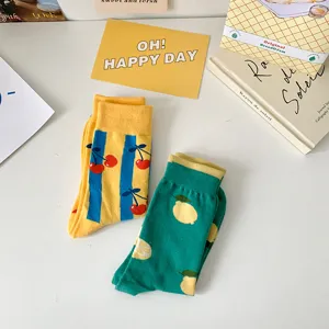 Cute fruit pattern mid-calf socks set, featuring lovely cherry and lemon designs for spring and summer.