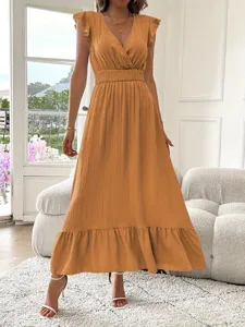 Sommer lässiges Maxikleid mit V-Ausschnitt und Rüschenärmeln, elegantes langes Damenkleid.