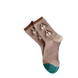 Cute cartoon dog print women mid-calf socks casual preppy style brown cotton socks
