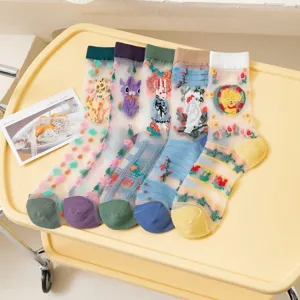 Damen dünne Kristallseide transparente Wadenstrümpfe Netzsocken mit süsser Stickerei Sommer