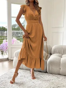Damen Sommer V-Ausschnitt Kurzarm Maxikleid lässig elegant Rüschen Stufen Langkleid