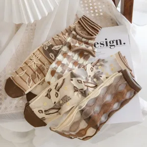 Women sheer crystal silk mesh crew socks spring summer vintage brown pattern fashionable 4-pairs