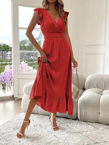 Rotes kurzarm V-Ausschnitt Maxikleid mit Rüschen, elegantes Sommer-Langes Kleid für Damen.