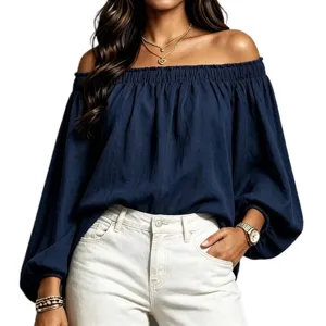 Chic off-the-shoulder long sleeve blouse for women, elegant casual loose fit top daily wear.