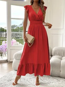 Rotes Rüschenärmel V-Ausschnitt Maxikleid, elegantes Sommerkleid Detailansicht top.
