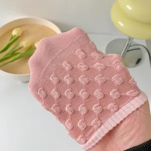 Pink bubble knit women short sock detail view, soft cotton texture, cute everyday wear style.