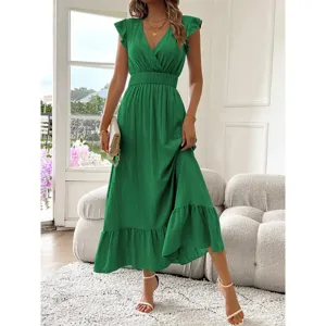 Abito Maxi Lungo Estivo Casual da Donna Scollo a V Manica Corta Orlo a Volant Vita Alta Tinta Unita Elegante Abito da Festa