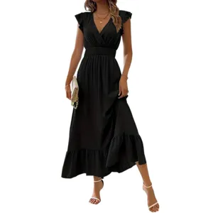 Vestito lungo nero donna estate collo a V maniche corte volant abito casual immagine principale