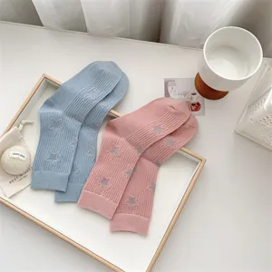 Women star pattern mid-tube socks cute cotton daily casual socks blue and pink 2 pairs
