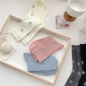 Women fashion summer thin mid-tube socks with cute star patterns, comfortable breathable daily wear.