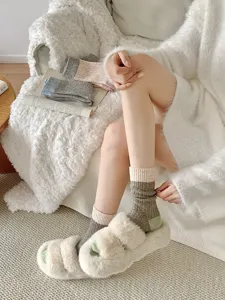 Cozy thick speckled knit wool socks for women, retro casual mid-calf warm socks detail view.