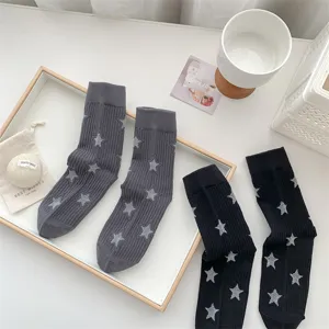 Women stylish star pattern ribbed mid-calf socks summer thin breathable casual socks