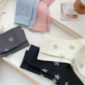 Women's summer thin mid-tube cotton socks with cute star pattern, stylish daily wear breathable.
