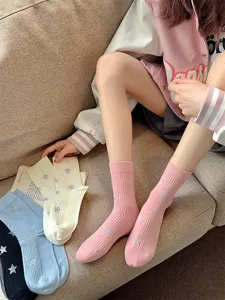 Women pink mid-calf socks with cute star embroidery cotton blend comfortable casual daily wear