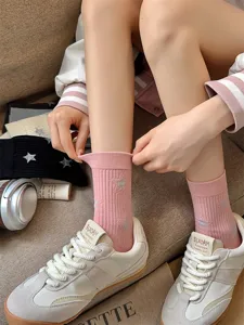 Women star pattern ribbed mid tube socks casual daily wear pink comfortable hosiery