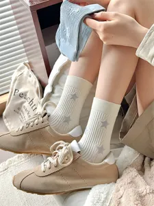 Trendy star print mid-calf socks for women, fashionable thin cotton casual hosiery daily wear.