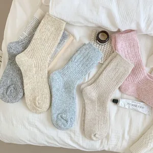 Soft warm knit crew socks, cozy winter hosiery for women, comfortable daily home wear.
