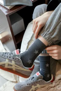 Grey ribbed crew socks for women featuring sparkling silver star patterns casual streetwear daily wear