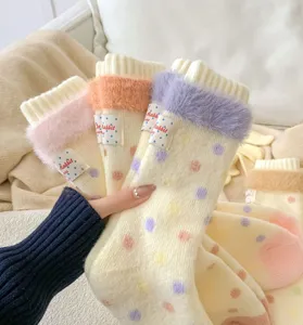 Detailed close-up of cozy fluffy cuff polka dot slouch socks, warm winter knitwear design.