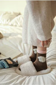 Thick thermal wool socks for women, winter cozy fuzzy sleep socks with cute bear detail.