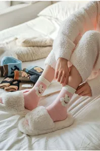 Thickened warm women winter wool socks cozy fluffy house floor socks cute bear pink design detail
