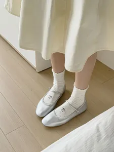 Silver Mary Jane flats with white ruffle mesh bow embroidery slouchy socks for women stylish