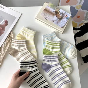 Women cute striped short socks summer thin low cut boat socks Japanese style casual hosiery