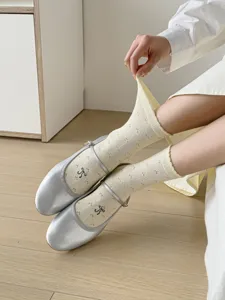 Silver Mary Jane shoes with cute bow embroidery socks, stylish women ballet fashion set.