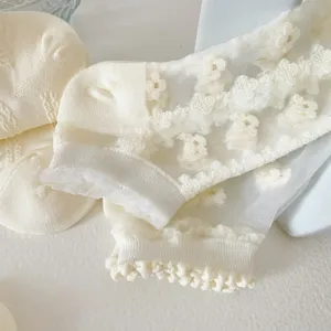 Close-up of sheer lace socks with delicate floral details and ruffle cuffs. Soft mesh design.