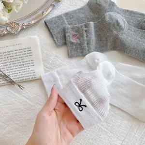 Women cute bow embroidery mesh slouch socks sweet ballet style breathable casual socks