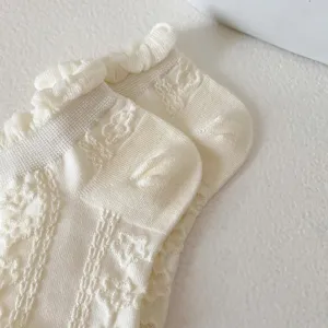 Women white ruffle ankle socks Japanese sweet knit floral lace short cotton boat socks