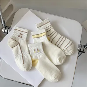 Women short socks cute Japanese style striped cherry embroidered cotton ankle socks