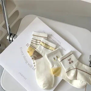 Japanese style cute women short socks with sweet stripes and cherry patterns for summer daily wear.