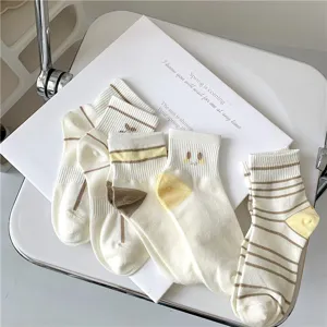 Japanese style cute striped women short socks set, comfortable breathable casual daily wear.